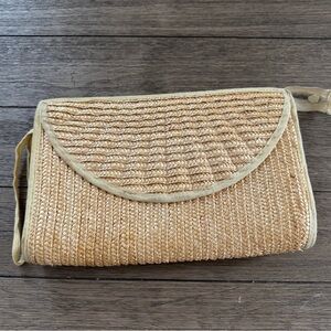 Woven Straw Clutch with Tan Trim